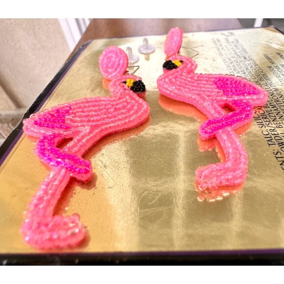 Flamingo Earrings Beaded Dangle Post Pink Statement Jewelry New Caribbea… - Picture 10 of 12